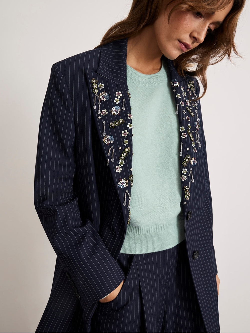 Tanya Taylor Embellished Pinstripe Blazer in Navy